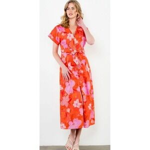 THML Anthropologie Midi Dress Flower Print Orange w/belt Size‎ L NWT